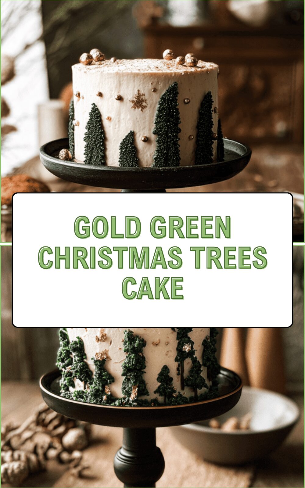 Gold Green Christmas Trees Cake