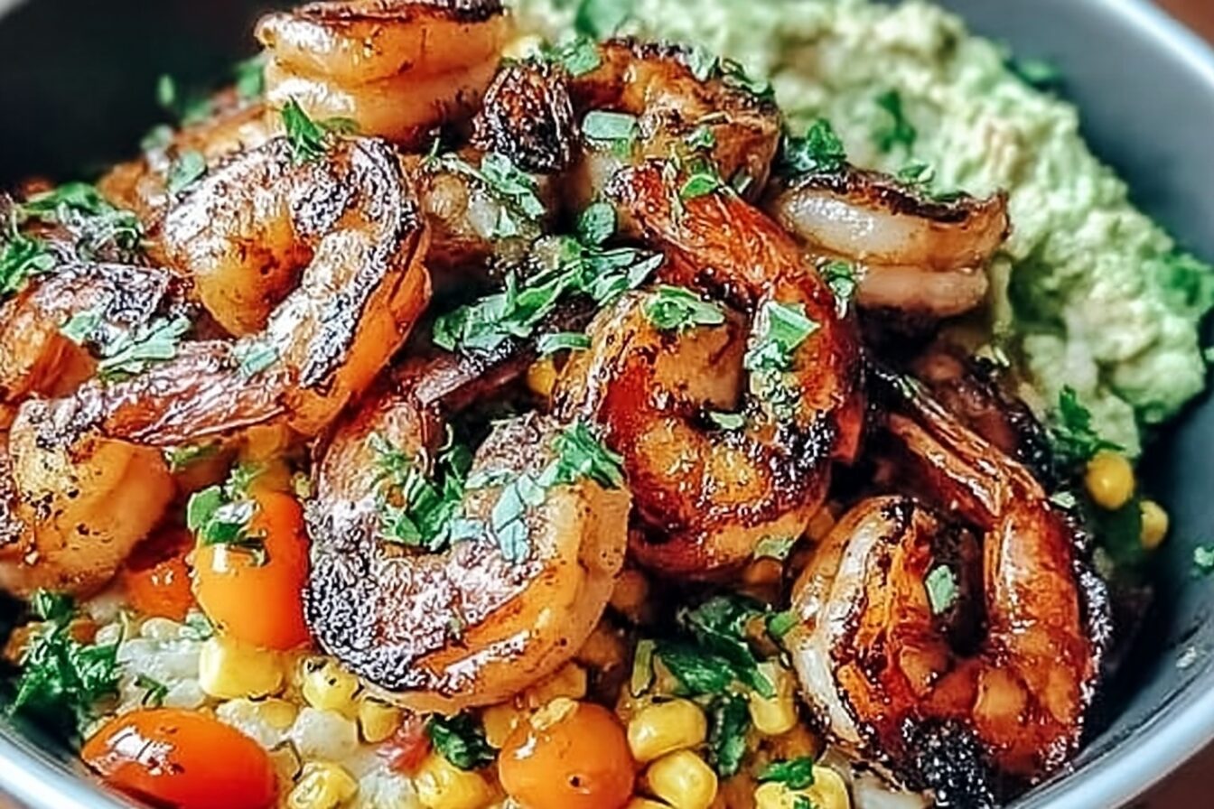 Grilled Shrimp Bowl With Avocado, Corn Salsa, And Garlic Sauce 6 Grilled Shrimp Bowl