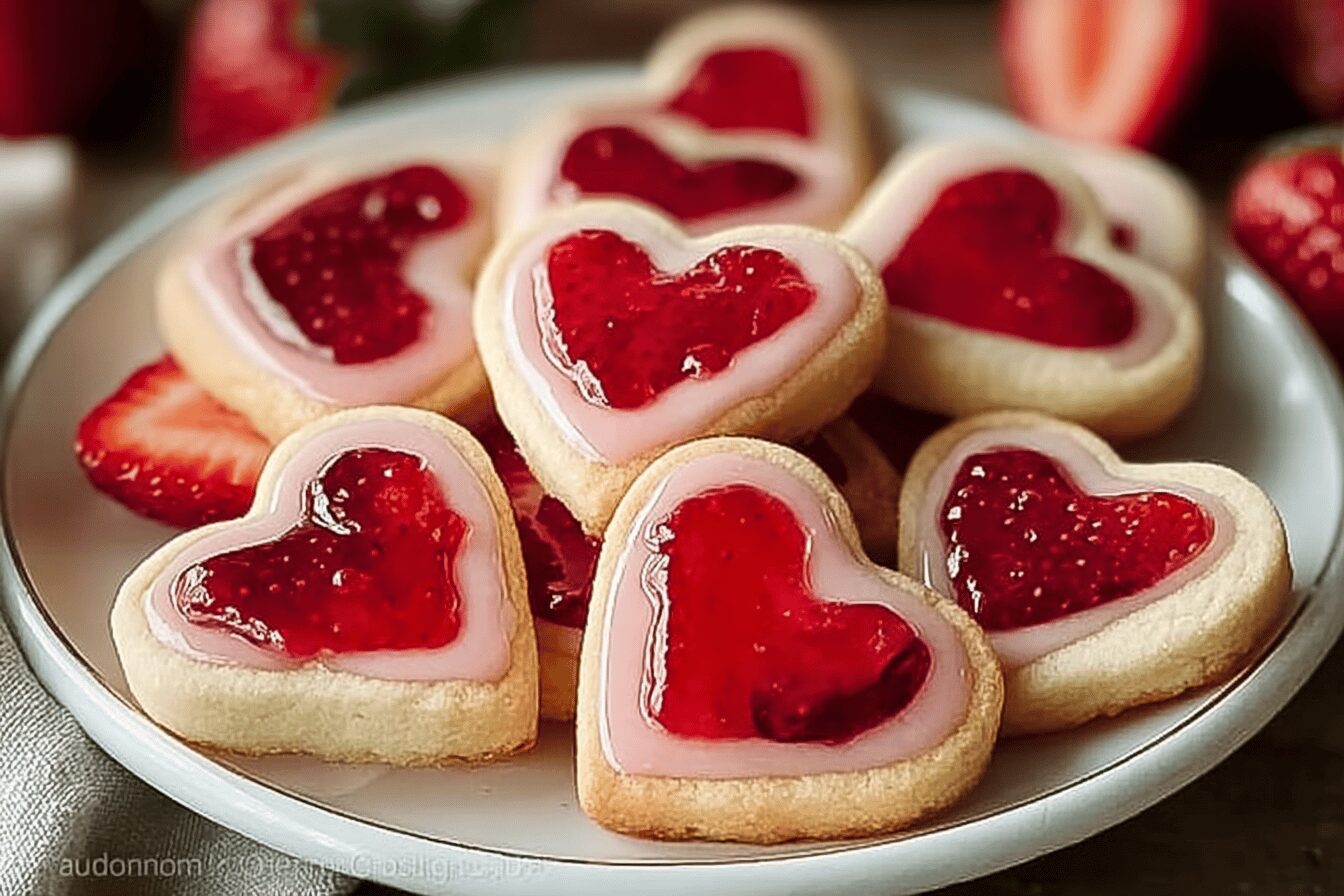 Heart Shaped Strawberry Shortbread Cookies