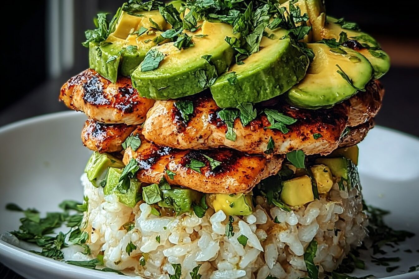 Honey Lime Chicken Avocado Rice Stack