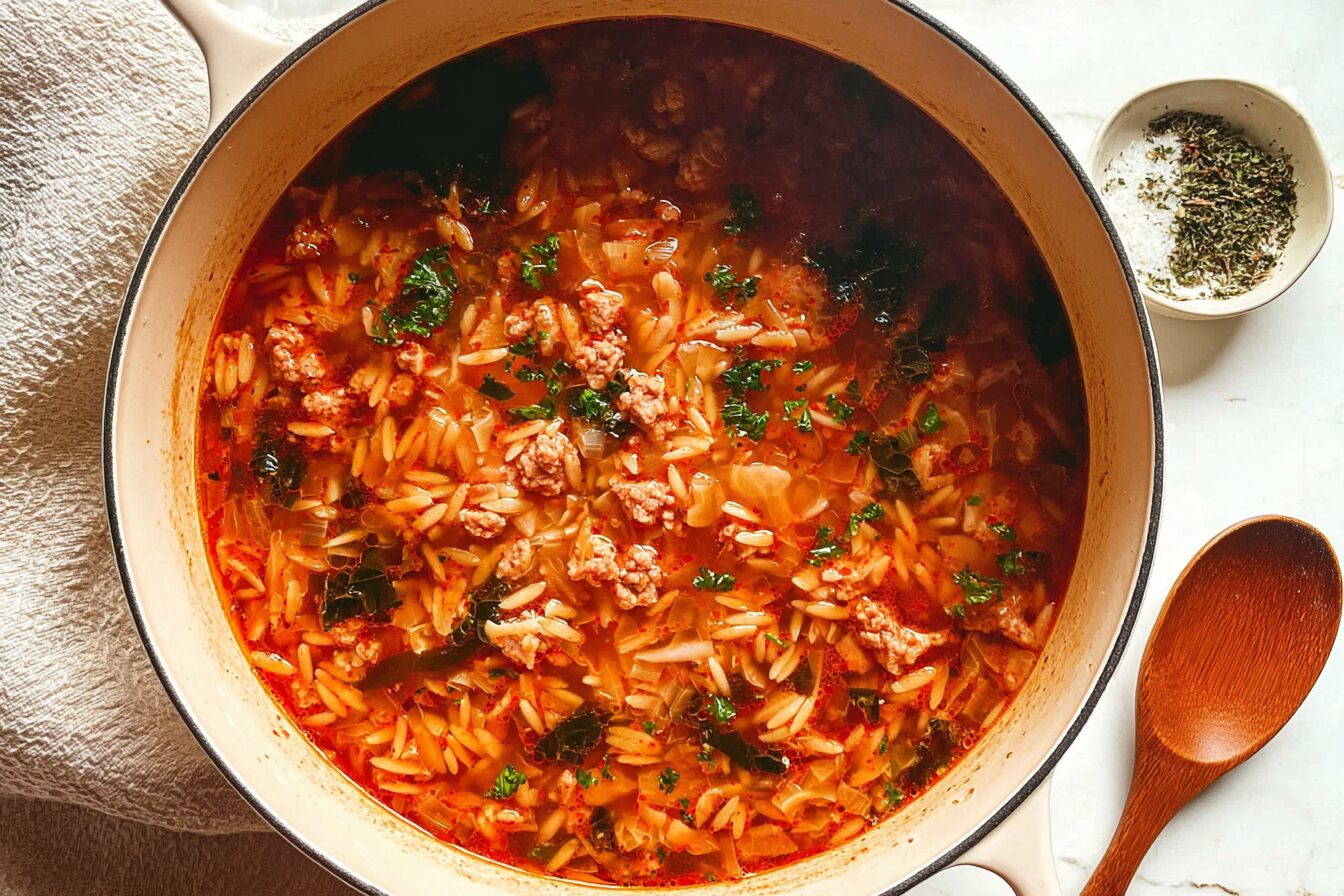 Cabbage Sausage Orzo Soup