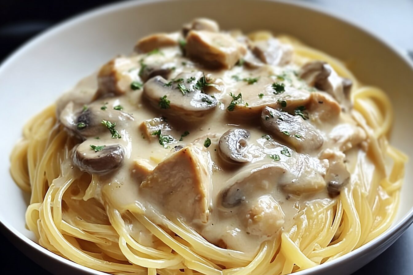 Creamy Chicken Mushroom Alfredo Spaghetti