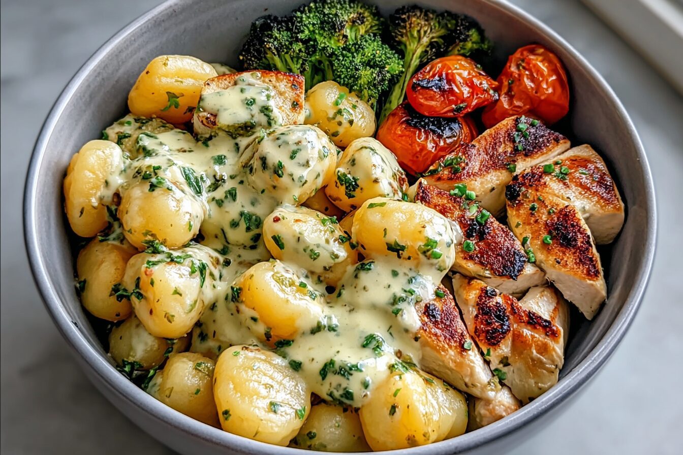 Herb Cream Gnocchi With Grilled Chicken, Roasted Potatoes, And Veggies 4 Creamy Herb Gnocchi Bowl