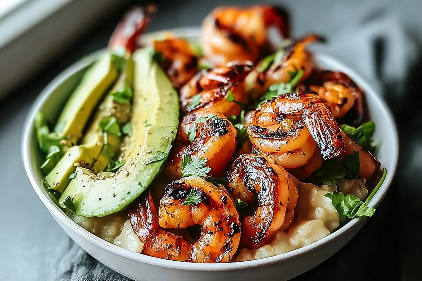 Avocado Shrimp Quinoa Bowl With Fresh Cilantro Vinaigrette 6 Grilled Shrimp Avocado Bowl