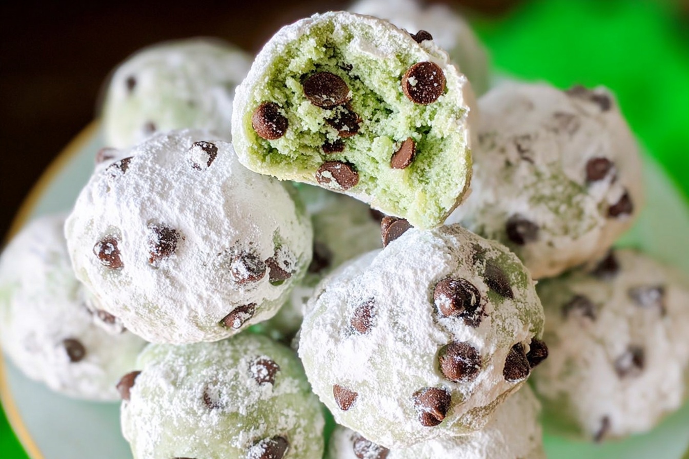 Mint Chocolate Chip Snowball Cookies