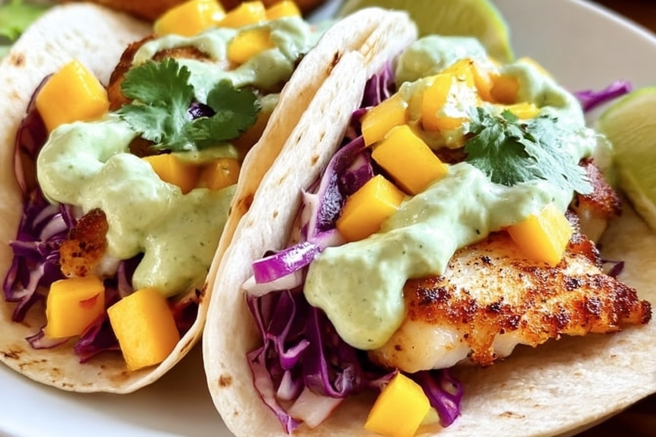 Baja Fish Tacos With Mango Slaw And Avocado Crema
