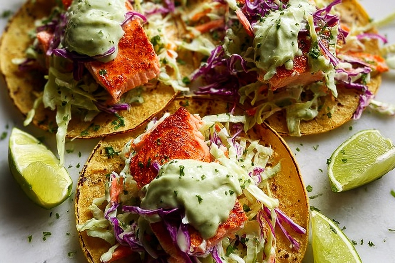 Salmon Fish Tacos With Avocado Crema And Coleslaw